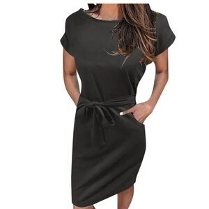 Fashion clothing green tie waist cuff sleeve midi dress | size M
